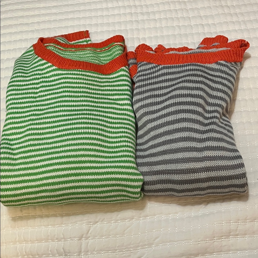 Striped Green and Gray Sweaters with Red Trim